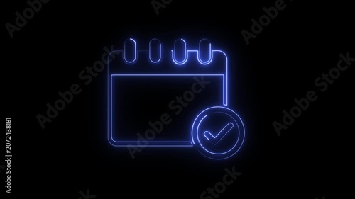Calendar icon features a blue neon outline with a checkmark for completion, Neon Calendar Checkmark Icon Animation | Appointment Confirmation Motion Graphic