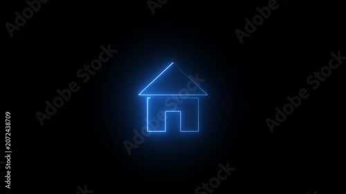 Neon House icon animation, House icon shines with a soft blue light on a completely black background., Neon Home Icon Animation | Glowing House Symbol Motion Graphic