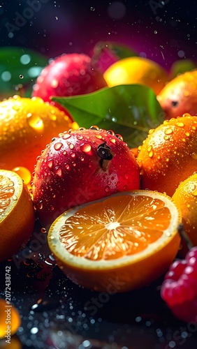 Vibrant citrus fruits with water droplets on a dark surface