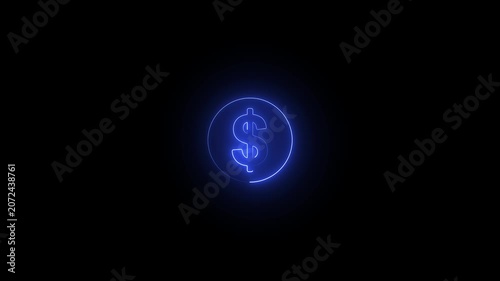 Neon Dollar icon animation , Dollar sign glows with a soft blue neon light centered on black backdrop, Neon Dollar Coin Animation | Glowing Currency Symbol Motion Graphic