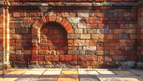 old brick wall with archway and floor.