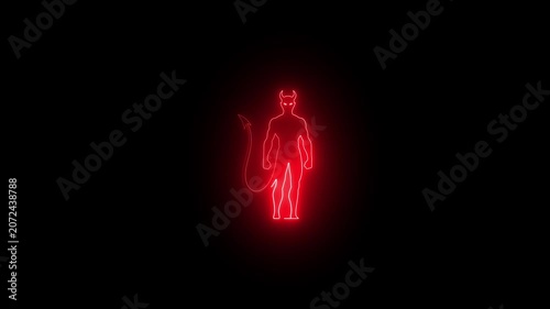 Neon Devil Silhouette Animation | Glowing Red Demon Icon Motion Graphic, Devil silhouette stands in a striking red neon outline on black backdrop.
