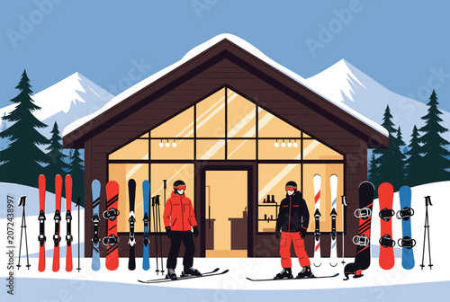 Winter sports enthusiasts stand with their gear in front of a contemporary wooden ski lodge nestled among snowy mountains and evergreen trees.