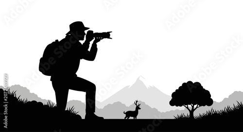 A silhouette of a wildlife photographer capturing a deer in nature.