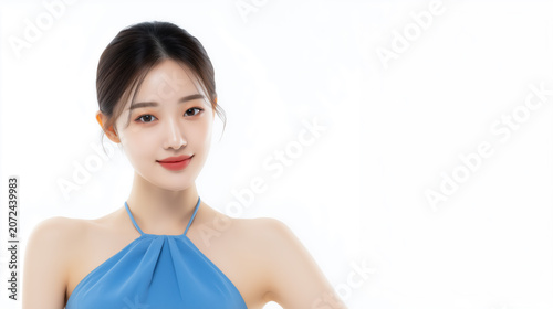 Woman in blue top smiles at the camera with a simple background while posing confidently for a portrait