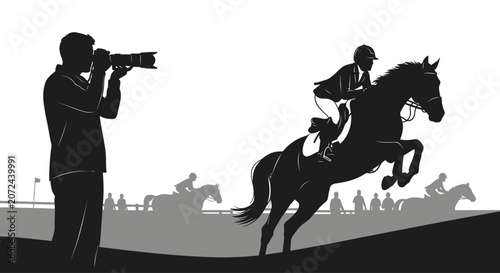 Silhouette of a photographer capturing a horse and rider jumping over an obstacle.