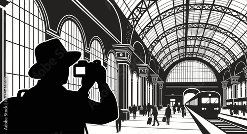 Silhouette of a photographer capturing images inside a grand train station terminal.