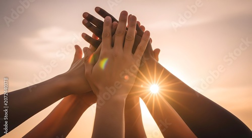 Diverse group of people stacking hands together against golden sunset sky