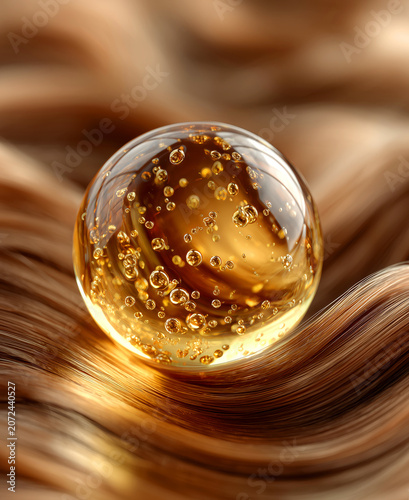 Drops of liquid on hair strands show bubbles of air under light in a close view of the scene from a creative art setting