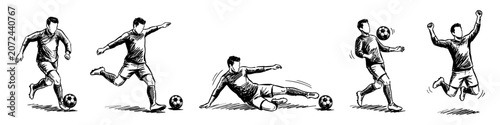 Hand Drawn Soccer Player Action Poses Set, Football Athlete Sketch Logo Elements, Ink Line Art Illustrative Graphics of Kicking, Sliding Tackle, and Goal Celebration Vector Silhouettes