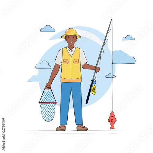 Farmer in overalls holding basket and tools