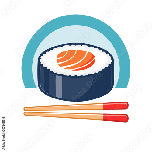 Flat illustration of sushi roll with chopsticks