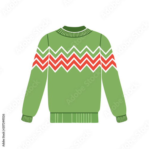 Green sweater with red and white zigzag pattern