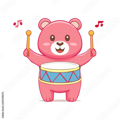 Pink cartoon bear playing drum with music notes