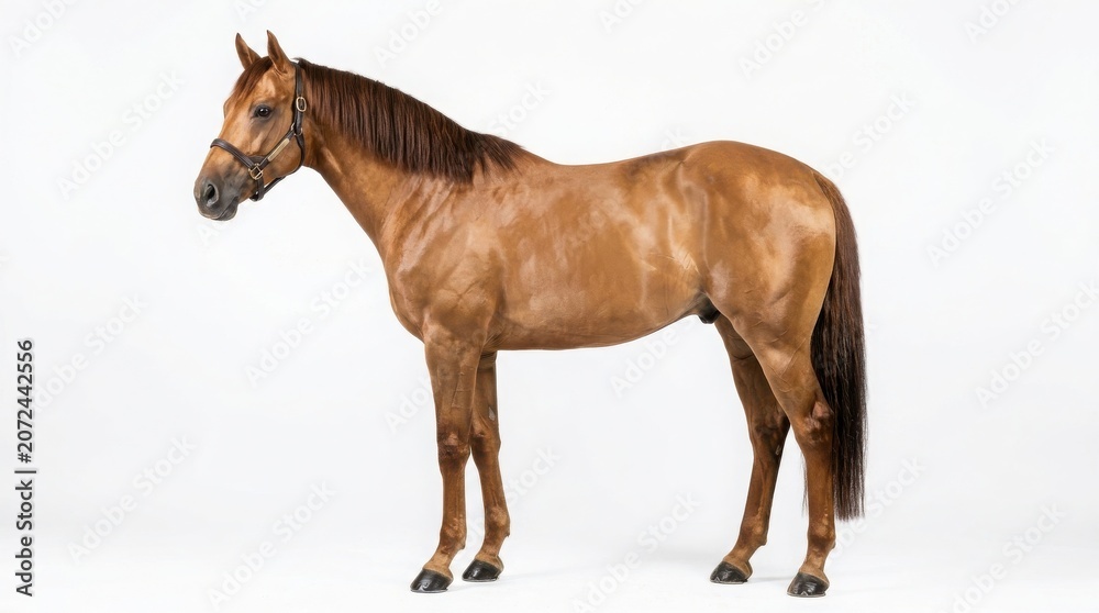 Obraz premium Studio portrait of a brown horse standing on white background with standing isolated domestic creature livestock equestrian stallion beautiful herbivore portrait