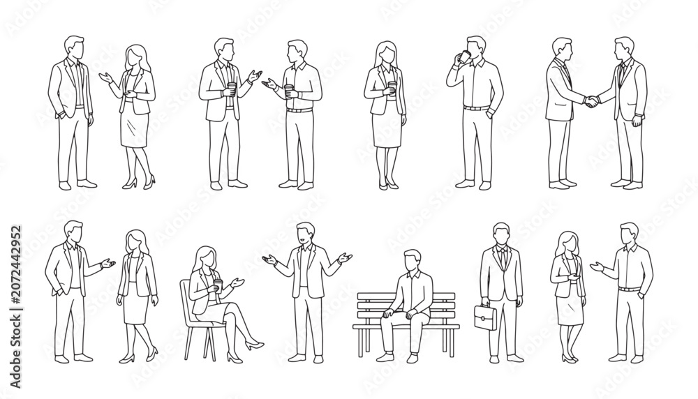 Obraz premium Business People Line Art Poses Collection Showing Conversation, Handshake and Office Interaction Scenes