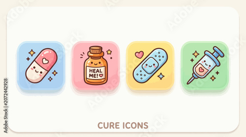 Photos Cute colorful medical cure and medicine icon set.