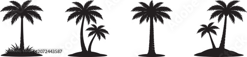 Tropical palm tree silhouettes on small islands vector illustration set