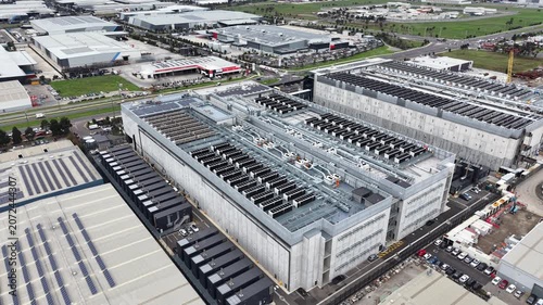 Aerial view of a modern hyperscale data center building