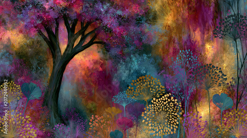 Enchanted Vibrant Fantasy Forest with Glowing Magical Trees – Mystical Illustration
