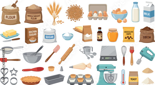 Baking ingredients and kitchen cooking utensils vector element bundle for recipe book culinary website presentation design