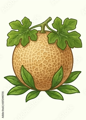 Cantaloupe Melon Fruit Botanical Illustration Set with Whole Fruit and Sliced Sections