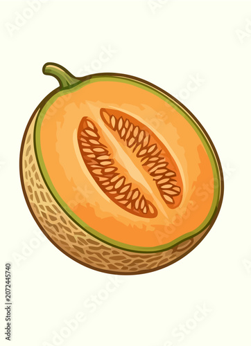 Cantaloupe Melon Fruit Botanical Illustration Set with Whole Fruit and Sliced Sections