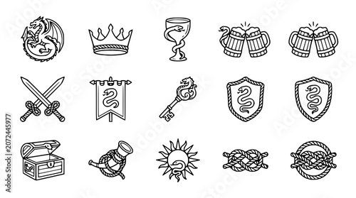 Schilderij op canvas Fantasy Icons Set: Dragon, Crown, Swords, Treasure Chest, Goblet, Shields, Knots