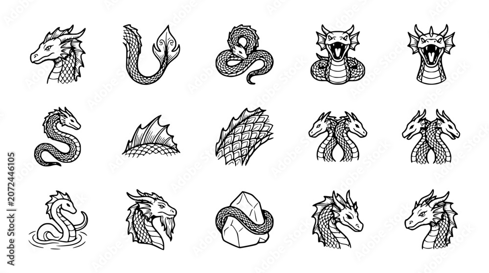 Fototapeta premium Mythical Creatures Collection: Dragons, Serpents, and Fantasy Beasts