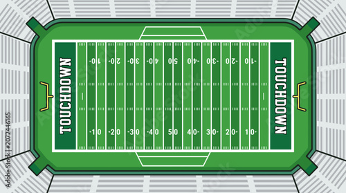 American football field aerial view with vibrant green turf and yard markings