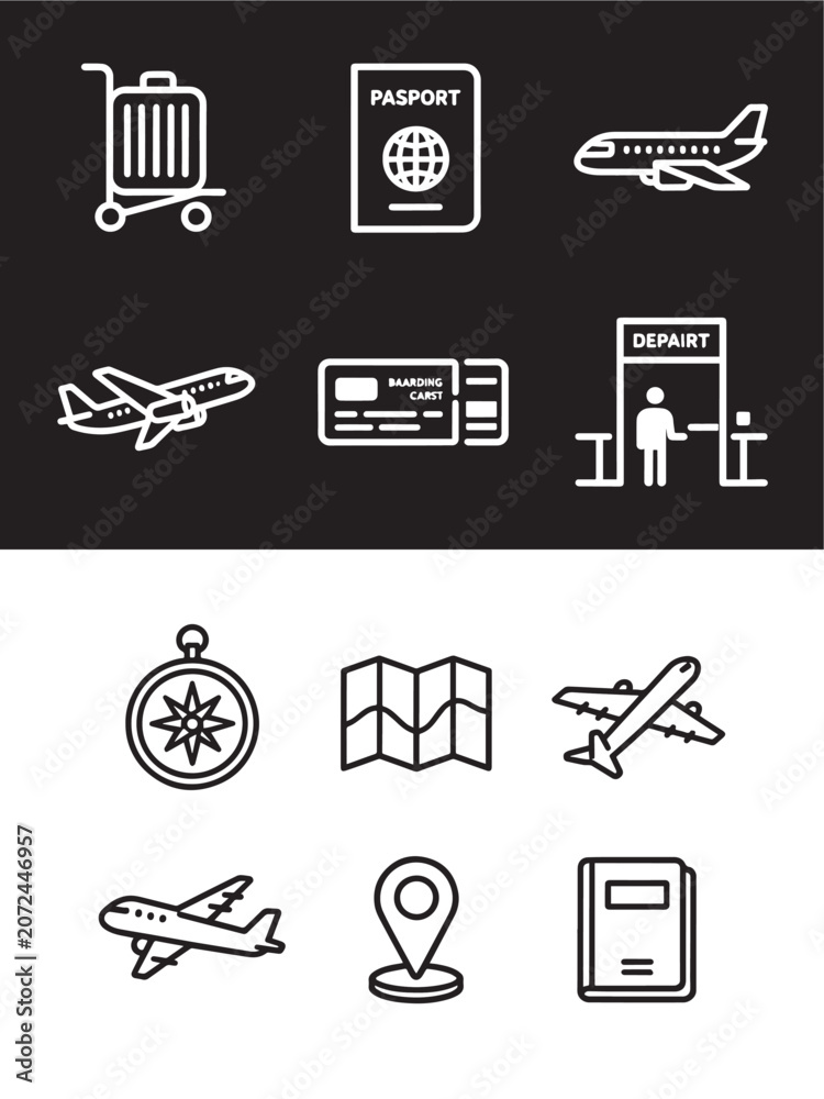 Fototapeta premium Travel and aviation line icon set featuring airplane passport map luggage and boarding pass for tourism and flight booking vector design