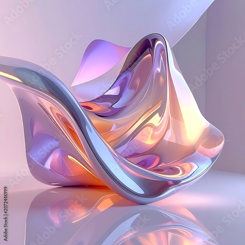 A shiny, abstract sculpture with smooth, flowing curves and colorful reflections