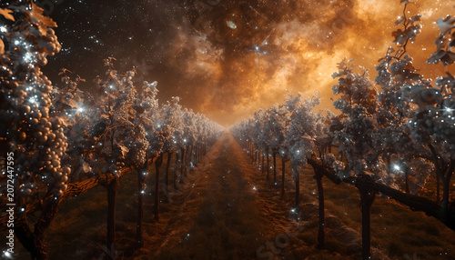 Golden Path Through Enchanted Forest Beneath Fiery Sky