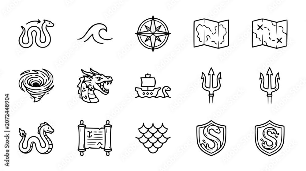 Fototapeta premium Fantasy Adventure Icons: Dragon, Ship, Map, Compass, Trident, Serpent, Shield