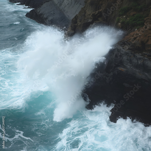 Powerful Ocean Wave Crashing Against Rocky Coastline