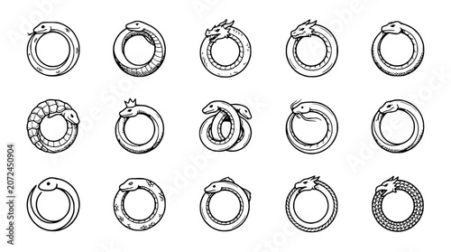 Foto Ouroboros Symbol Collection: Various Snake and Dragon Styles Eating Tail