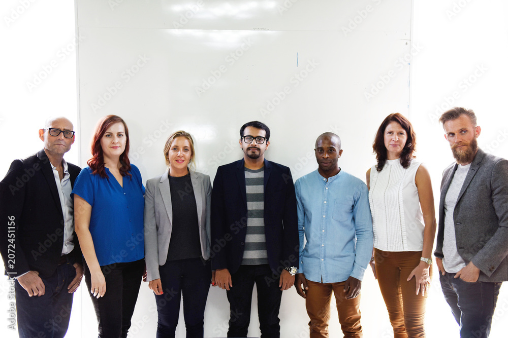 Fototapeta premium Group of diverse professionals standing against a white background.