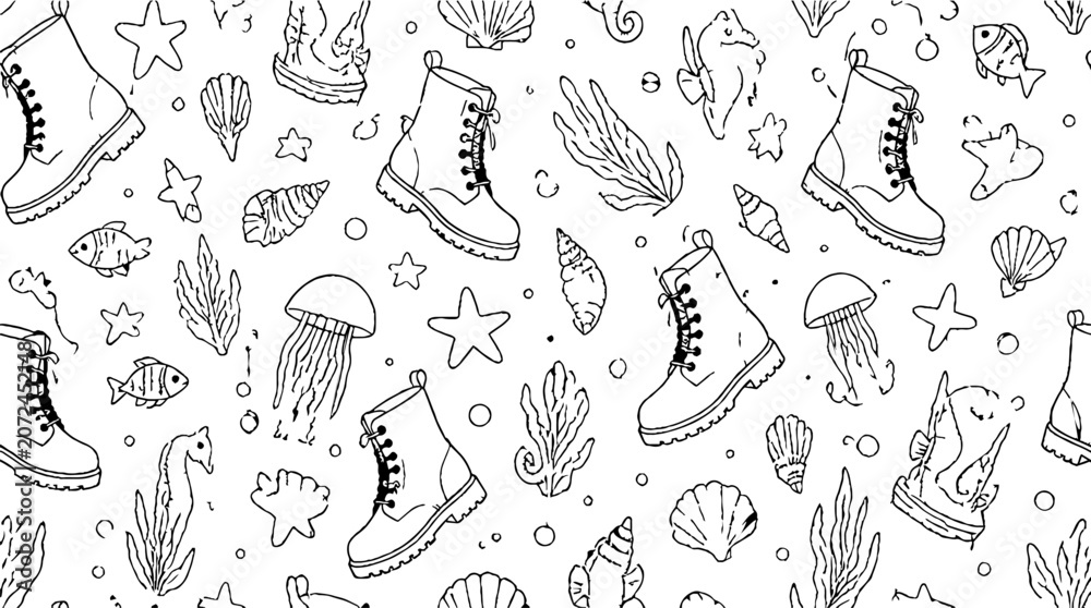 Fototapeta premium Detailed line art of boots and sea creatures pattern.