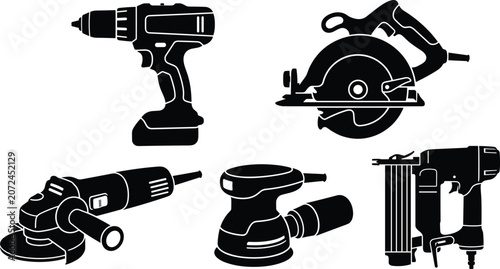 Photos Power tools vector silhouette set featuring cordless drill circular saw angle gr
