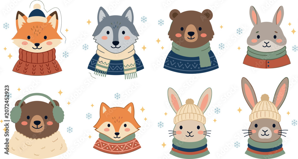 Naklejka premium Cute winter forest animals sticker set featuring fox wolf bear and rabbit in cozy sweaters