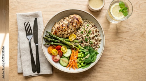 Healthy meal with vegetables and rice.