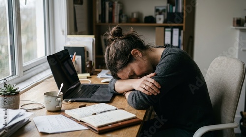 Woman feeling stressed at office desk.