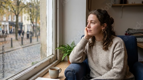 Woman sitting by window looking outside.
