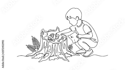 Fotografie Boy finds treasure map and keys in old tree stump, single line art drawing