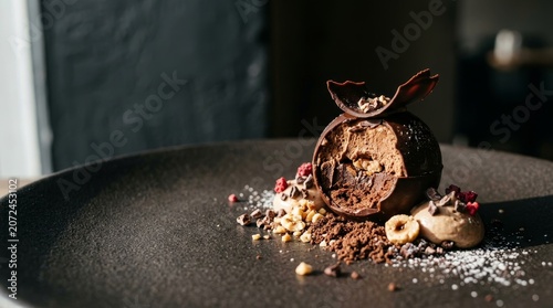 Delicious chocolate dessert on plate.