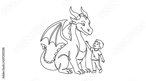 Fotografie Friendly dragon and child, line art, fantasy illustration, friendship, innocence