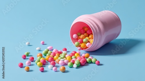Colorful Candy Balls Overflowing from Pink Container on Blue Background, Vibrant and Playful Snack Scene Ideal for Sweet Treat Themes