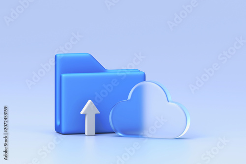 Glassmorphism icon set featuring blue document folder, opaque cloud, and arrow indicating data upload, The elements are arranged on light blue gradient background