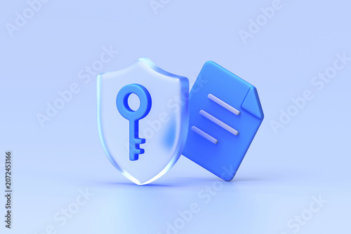 Glassmorphism icon set showcasing frosted shield with blue key and adjacent blue document, symbolizing secure data access and verification