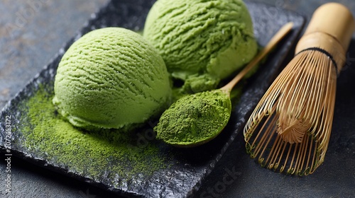Close up of matcha green tea ice cream scoops with wooden spoon and traditional bamboo whisk
